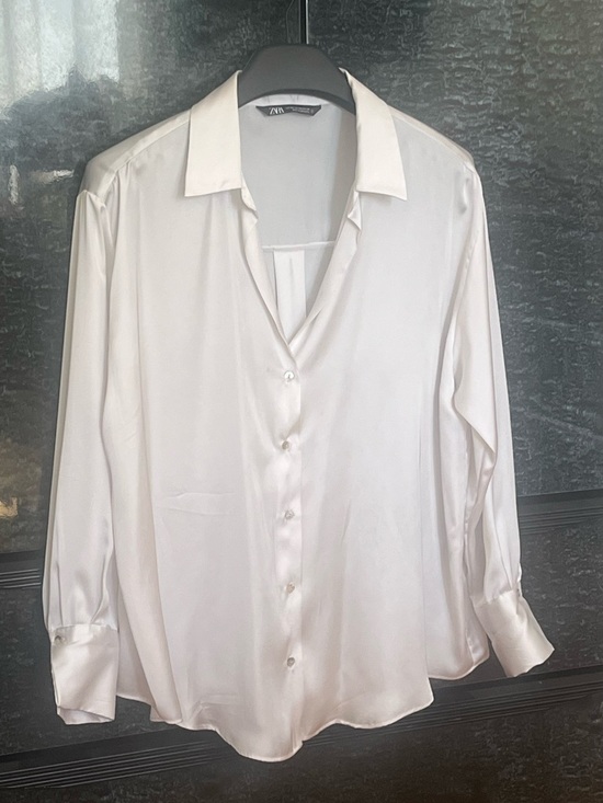 Zara Tops - Zara Satin Women’s Button-Up Shirt in Silver-Ivory